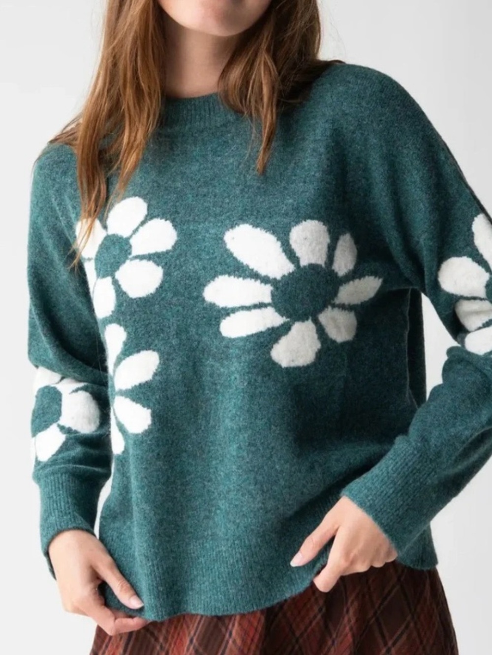 NATURAL LIFE Knit Intarsia Flower Crewneck Wool Blend Seafoam Sweater Size XL - Picture 2 of 8